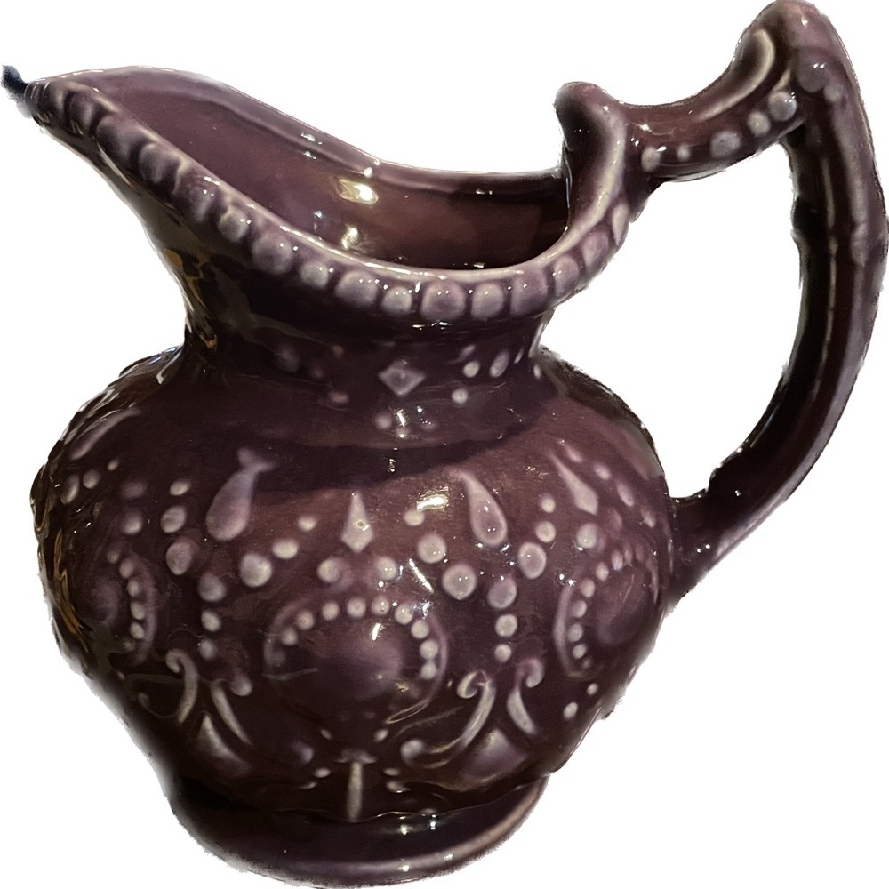 Camark Pottery Pitcher Embossed Ornate Purple Baroque Style Vintage - Picture 10 of 12